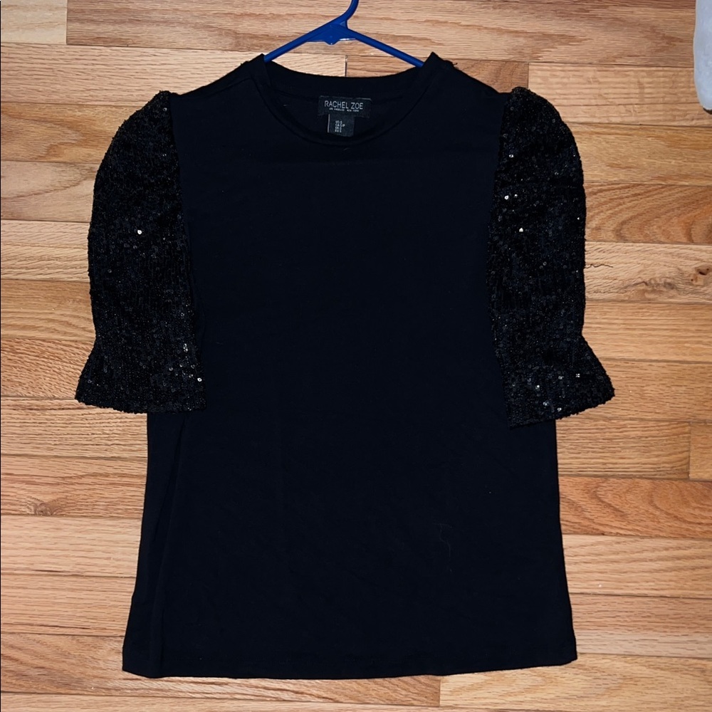 Rachel Zoe Black Tee with Sequin Sleeves